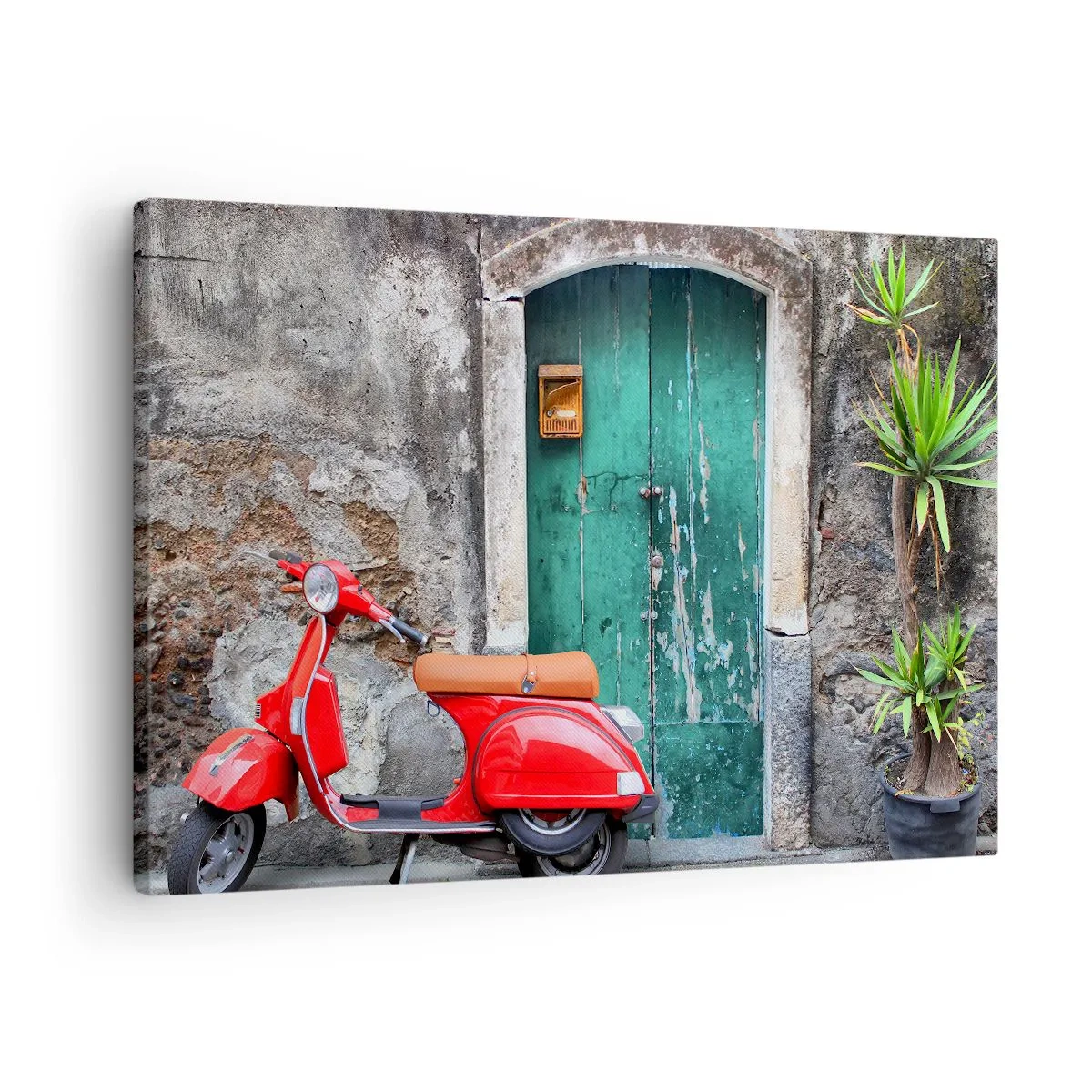 Impression sur toile - Image sur toile - Scooter rouge près de la porte verte - 70x50cm - Vacances italiennes - Décoration murale moderne pour le salon et la chambre ARTTOR
