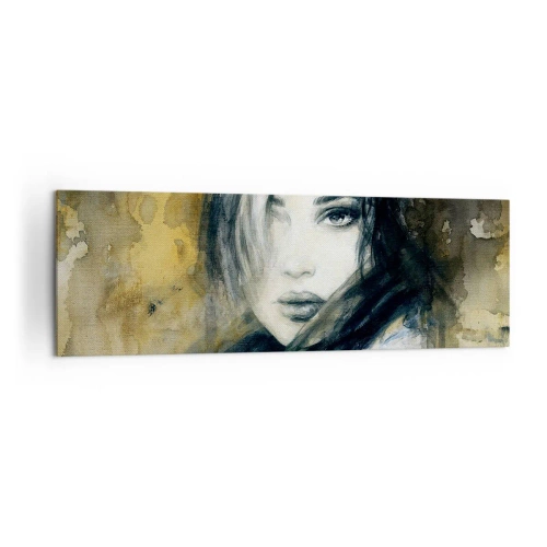 Impression sur toile - Image sur toile - Portrait d'une femme sur fond de taches abstraites dans les tons beiges - 160x50cm - plutôt innocente ou sensuelle ? - Décoration murale moderne pour le salon et la chambre ARTTOR