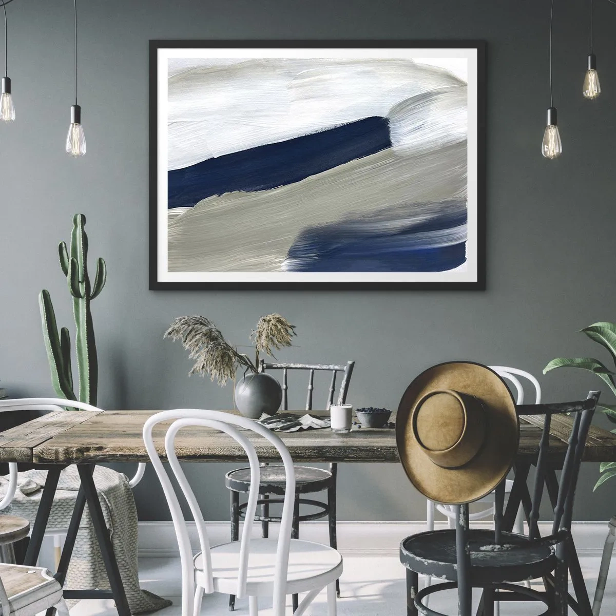 Affiche dans un cadre noir - Poster - Coups de pinceau abstraits dans des tons de bleu et de gris - 100x70cm - Rencontre avec la blancheur - Décoration murale moderne pour le salon et la chambre ARTTOR