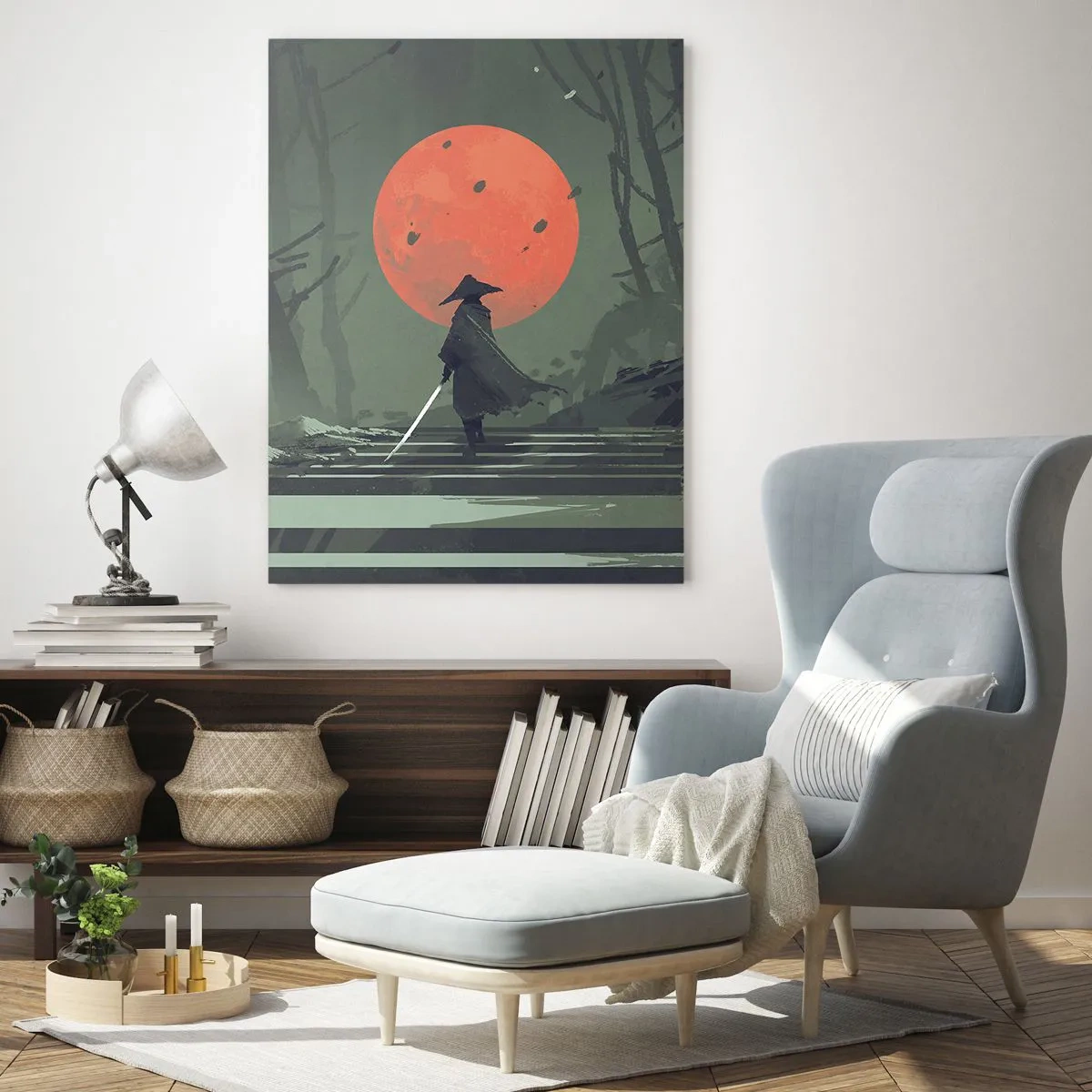 Impression sur verre - Image sur verre - Un guerrier solitaire avec une épée sur fond de lune rouge dans une forêt sombre. - 70x100cm - Guerrier de la lune rouge - Décoration murale moderne pour le salon et la chambre ARTTOR