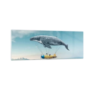 Impression sur verre - Image sur verre - Une baleine volante transporte un avion dans un décor surréaliste. - 140x50cm - Pourquoi pas? - Décoration murale moderne pour le salon et la chambre ARTTOR