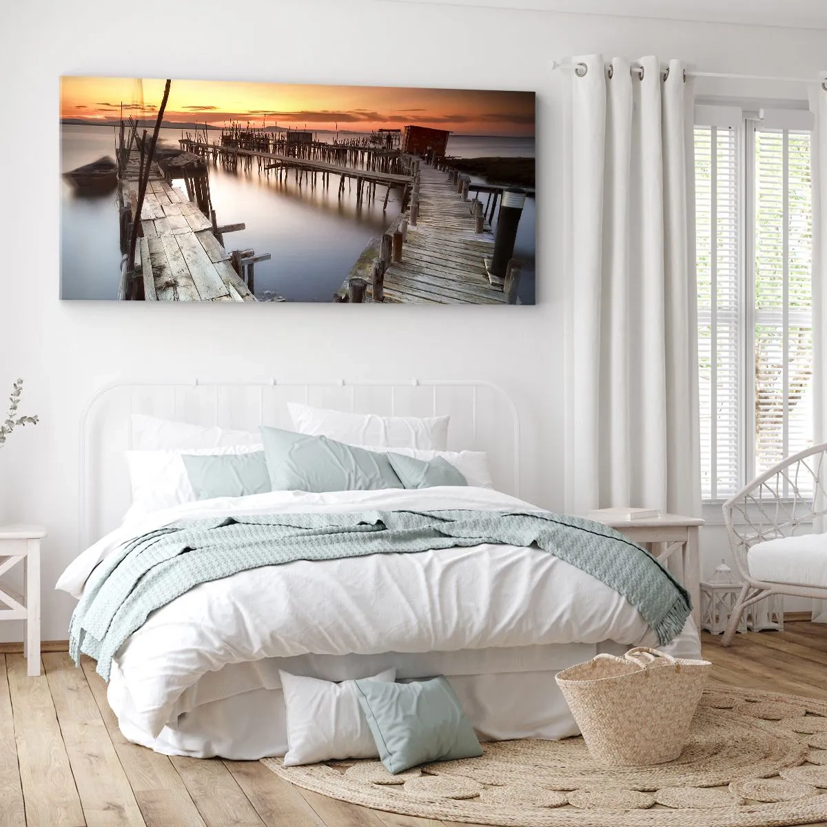 Impression sur toile - Image sur toile - Jetées en bois sur une eau calme au coucher du soleil - 120x50cm - Authentique, pas un attrape touristique - Décoration murale moderne pour le salon et la chambre ARTTOR