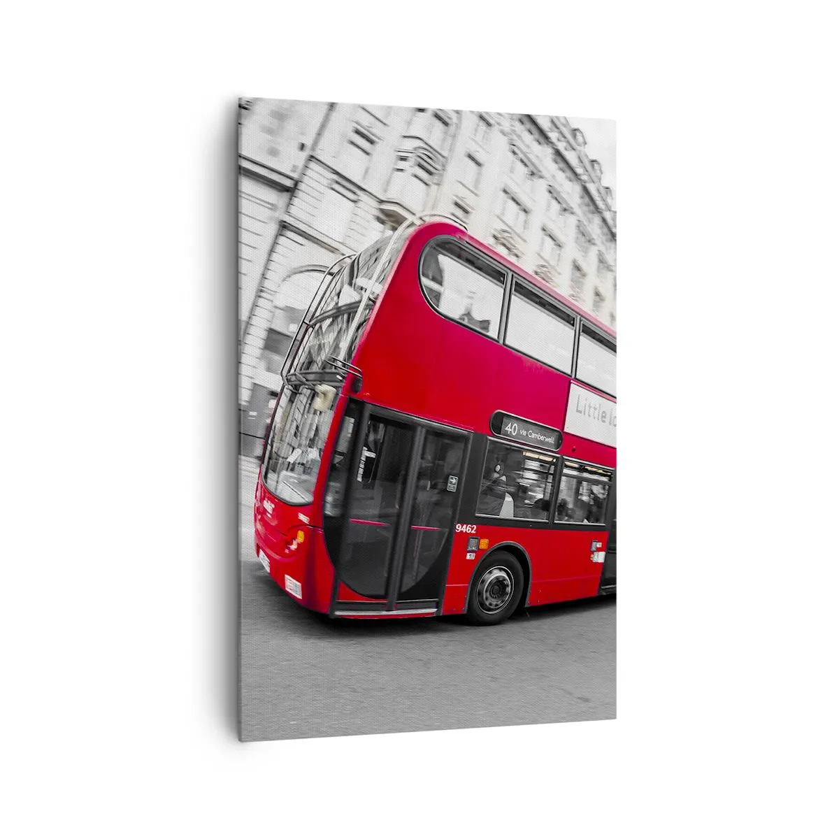 Impression sur toile - Image sur toile - Un bus londonien rouge sur fond de rue noire et blanche - 80x120cm - Londres traditionnellement - en bus - Décoration murale moderne pour le salon et la chambre ARTTOR