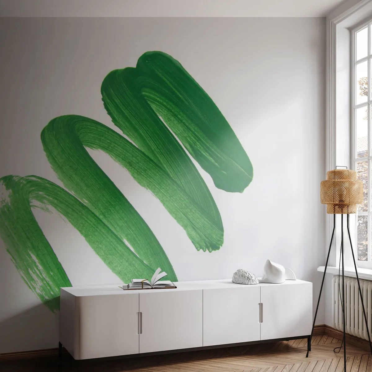 Papier Peint Photo Premium Sand - Coup de pinceau vert sur fond blanc dans un style abstrait - 100x70cm - Blague verte - Décoration murale moderne pour le salon et la chambre ARTTOR