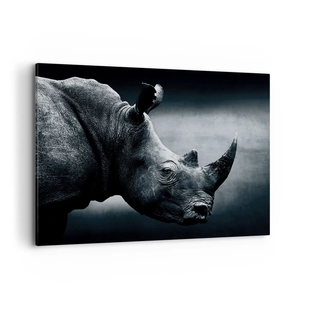 Impression sur toile - Image sur toile - Portrait noir et blanc d'un rhinocéros sur fond sombre - 100x70cm - Le profil droit - Décoration murale moderne pour le salon et la chambre ARTTOR