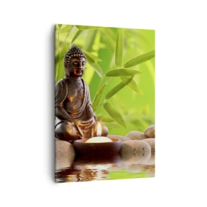 Impression sur toile - Image sur toile - Figure de Bouddha avec des pierres et une bougie sur un fond de bambou - 50x70cm - La vie est belle - Décoration murale moderne pour le salon et la chambre ARTTOR