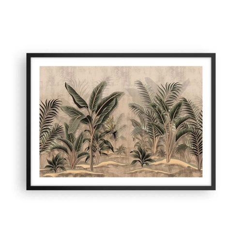 Affiche dans un cadre noir - Poster - Palmiers et végétation tropicale dans des tons verts sur fond beige - 70x50cm - Une gravure de style colonial - Décoration murale moderne pour le salon et la chambre ARTTOR