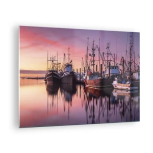 Impression sur verre - Image sur verre - Bateaux de pêche au coucher du soleil dans un port tranquille - 70x50cm - Avant le jour suivant - Décoration murale moderne pour le salon et la chambre ARTTOR