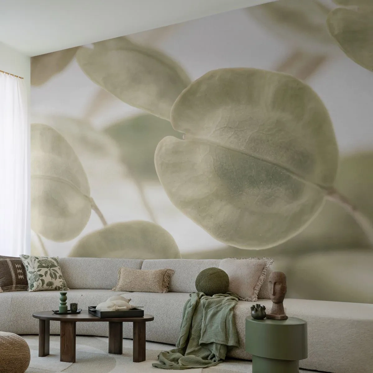 Papier Peint Photo Premium Sand - Feuilles vert clair délicates sur fond clair - 100x70cm - Au commencement il y avait des feuilles... - Décoration murale moderne pour le salon et la chambre ARTTOR