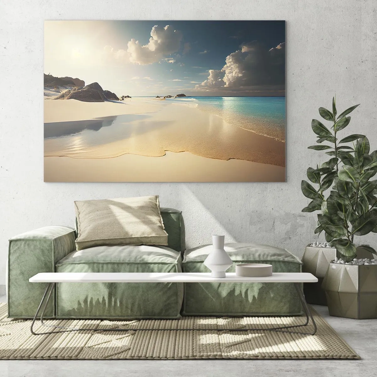 Impression sur verre - Image sur verre - Plage dorée et mer turquoise à la lumière du soleil du matin - 70x50cm - Une journée de rêve - Décoration murale moderne pour le salon et la chambre ARTTOR