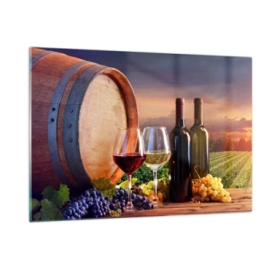 Impression sur verre - Image sur verre - Des vignes, un tonneau et des verres sur fond de soleil couchant - 120x80cm - Ici la vie a du goût - Décoration murale moderne pour le salon et la chambre ARTTOR