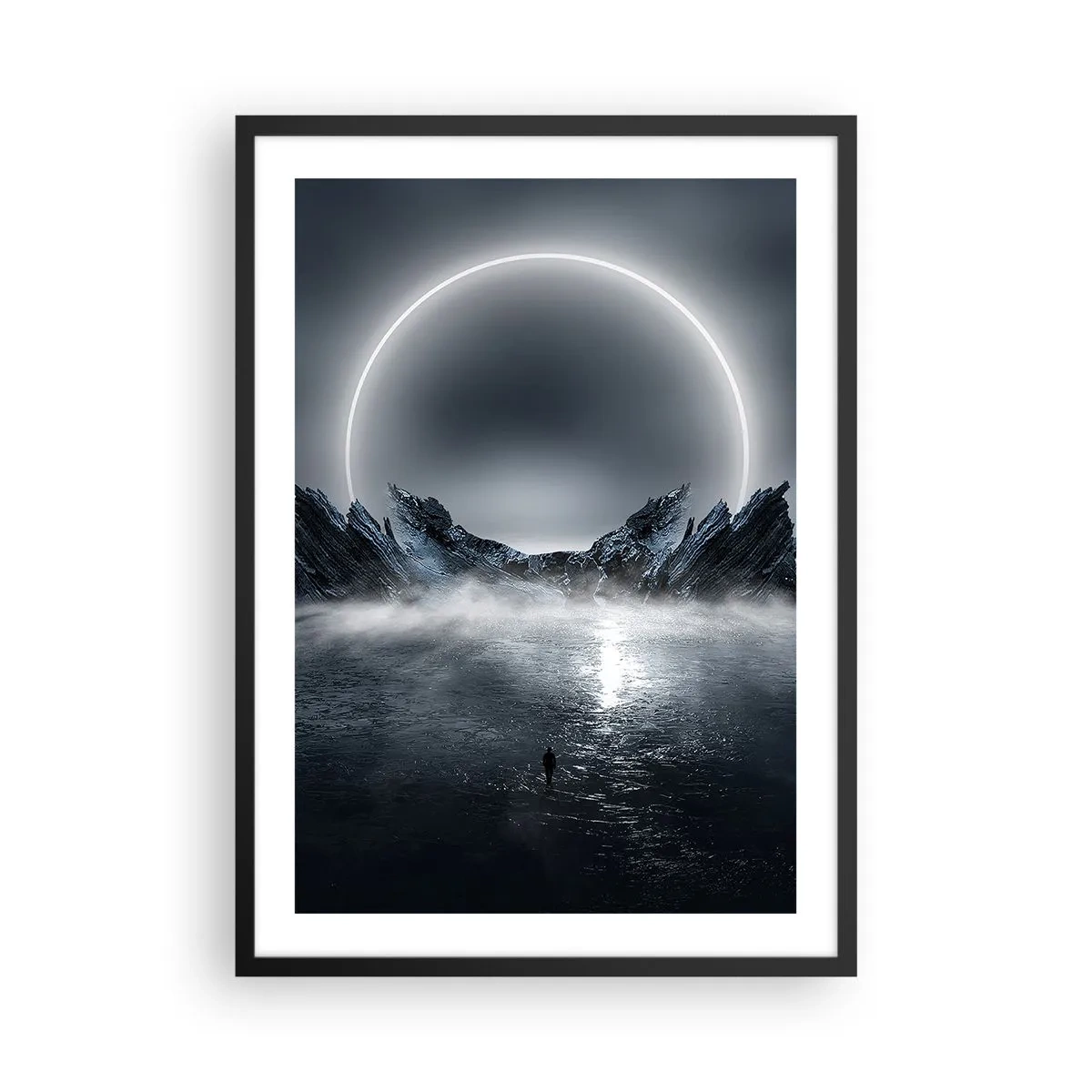 Affiche dans un cadre noir - Poster - Un paysage mystérieux avec un cercle lumineux dans le ciel - 50x70cm - La fin de l'histoire - Décoration murale moderne pour le salon et la chambre ARTTOR