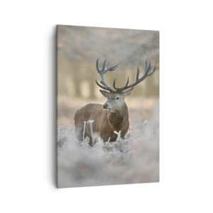 Impression sur toile - Image sur toile - Un cerf dans une clairière givrée dans une forêt hivernale aux couleurs subtiles - 50x70cm - Une matinée animée - Décoration murale moderne pour le salon et la chambre ARTTOR