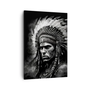 Impression sur toile - Image sur toile - Portrait d'un chef portant une coiffe à plumes sur fond noir - 50x70cm - Un leader et un guerrier - Décoration murale moderne pour le salon et la chambre ARTTOR