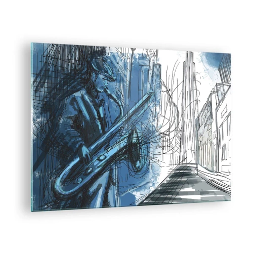 Impression sur verre - Image sur verre - Saxophoniste de jazz dans un décor urbain aux teintes bleues - 70x50cm - Rhapsodie urbaine - Décoration murale moderne pour le salon et la chambre ARTTOR