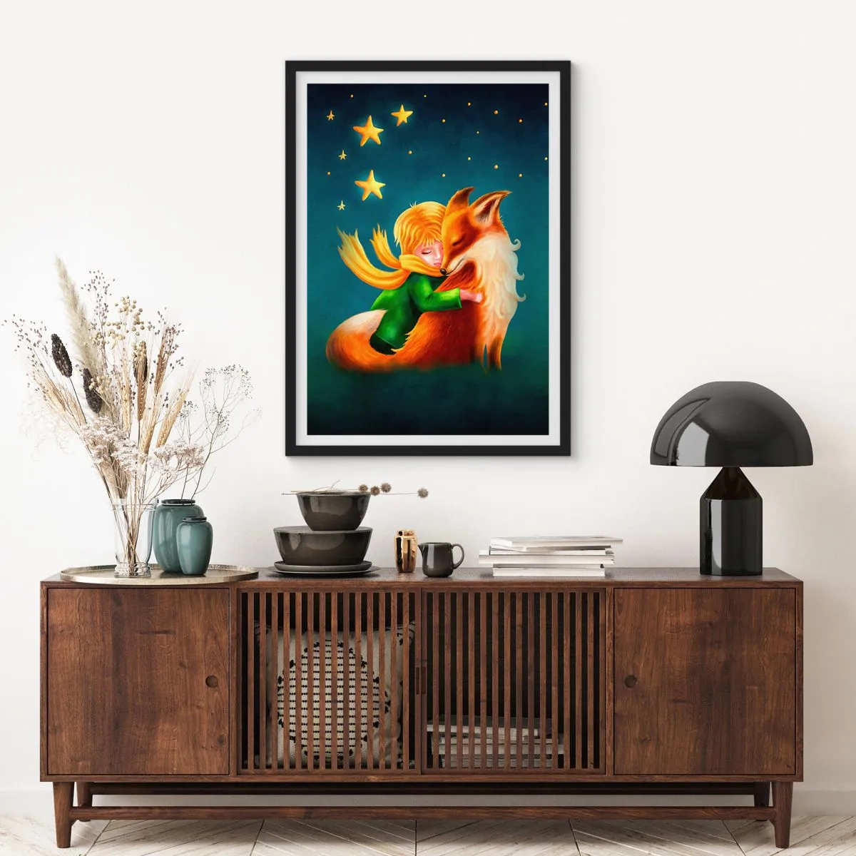 Affiche dans un cadre noir - Poster - Une figure avec un renard dans un décor magique d'étoiles - 50x70cm - Petit Prince - Décoration murale moderne pour le salon et la chambre ARTTOR