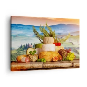 Impression sur toile - Image sur toile - Une composition de fromages et de fruits sur fond de paysage toscan - 70x50cm - La joie de vivre à l'italienne - Décoration murale moderne pour le salon et la chambre ARTTOR