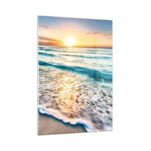 Impression sur verre - Image sur verre - Plage le matin avec vagues et lever de soleil - 50x70cm - Une vue qui en vaut la peine - Décoration murale moderne pour le salon et la chambre ARTTOR