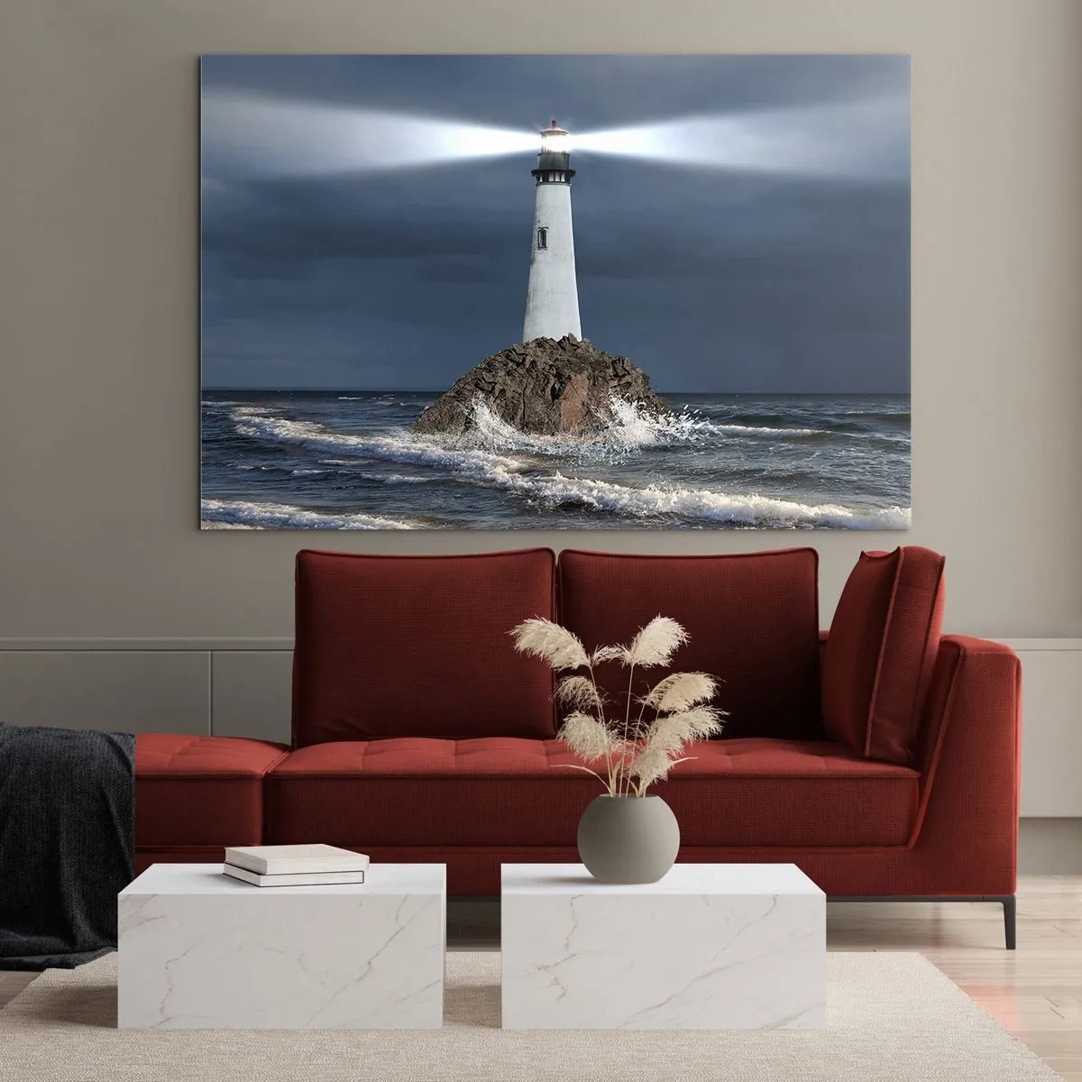 Impression sur verre - Image sur verre - Un phare sur un rocher au milieu des vagues agitées la nuit - 120x80cm - I… i… ici ! - Décoration murale moderne pour le salon et la chambre ARTTOR