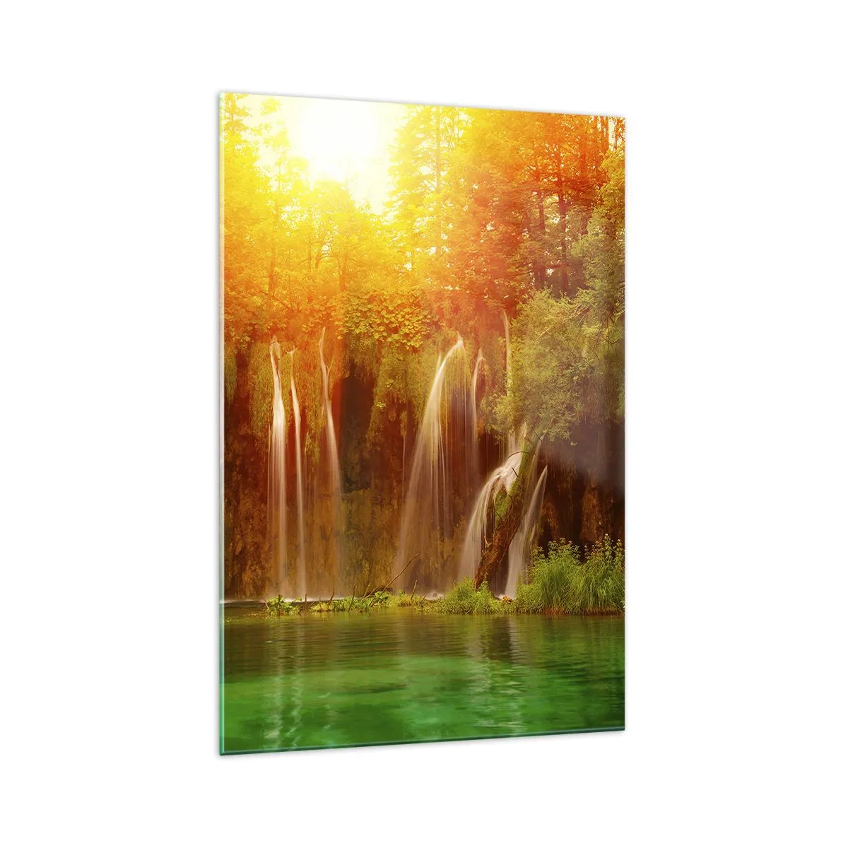 Impression sur verre - Image sur verre - Cascades entourées de verdure dans la lueur du soleil couchant - 70x100cm - Au soleil et à l'ombre - Décoration murale moderne pour le salon et la chambre ARTTOR