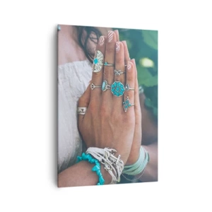 Impression sur toile - Image sur toile - Mains décorées de bijoux bohèmes - 70x100cm - Bienvenue au centre du bien-être - Décoration murale moderne pour le salon et la chambre ARTTOR