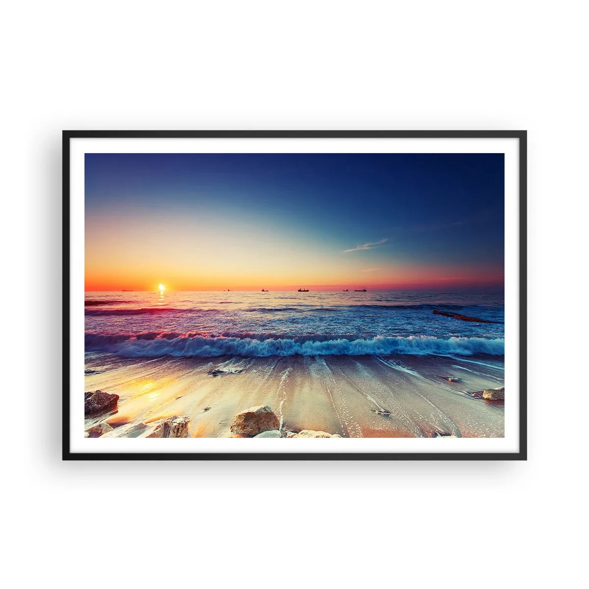 Affiche dans un cadre noir - Poster - Coucher de soleil sur une mer calme avec des vagues - 100x70cm - Mais quel horizon ? - Décoration murale moderne pour le salon et la chambre ARTTOR