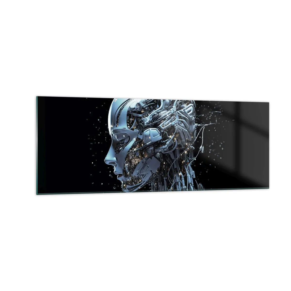 Impression sur verre - Image sur verre - Portrait futuriste d'un cyborg dans un style industriel sur fond noir. - 140x50cm - La technologie est une femme - Décoration murale moderne pour le salon et la chambre ARTTOR