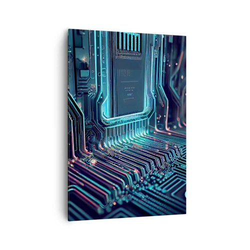 Impression sur toile - Image sur toile - Circuit imprimé technologique avec pistes lumineuses - 70x100cm - Je pense comme ça… - Décoration murale moderne pour le salon et la chambre ARTTOR