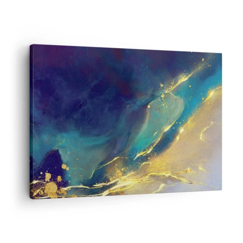 Impression sur toile - Image sur toile - Composition abstraite dans les tons bleu et or sur toile - 70x50cm - Coulée d'or - Décoration murale moderne pour le salon et la chambre ARTTOR