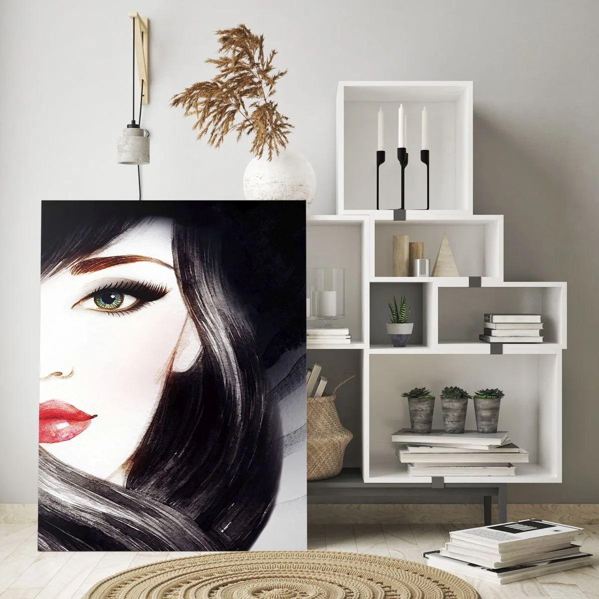 Impression sur verre - Image sur verre - Portrait d'une femme au regard expressif et aux lèvres rouges - 80x120cm - Aspect saphir - Décoration murale moderne pour le salon et la chambre ARTTOR