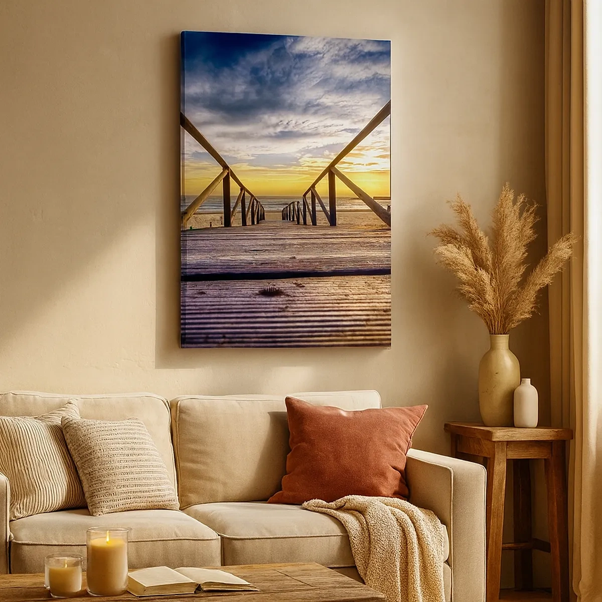 Impression sur toile - Image sur toile - Jetée en bois menant à la plage au coucher du soleil - 50x70cm - Directement sur une plage calme au coucher de soleil - Décoration murale moderne pour le salon et la chambre ARTTOR