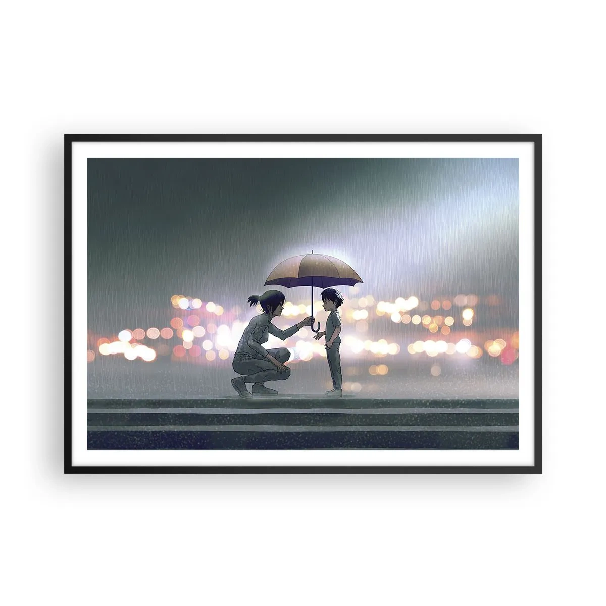 Affiche dans un cadre noir - Poster - Une silhouette avec un parapluie protégeant un enfant sur fond de lumières nocturnes. - 100x70cm - Et maintenant, tout va bien - Décoration murale moderne pour le salon et la chambre ARTTOR
