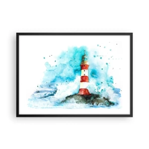 Affiche dans un cadre noir - Poster - Un phare dans un décor aquarelle sur fond bleu - 70x50cm - Unité des éléments - Décoration murale moderne pour le salon et la chambre ARTTOR