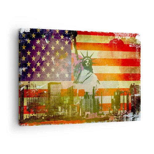 Impression sur toile - Image sur toile - La Statue de la Liberté avec en toile de fond le drapeau américain et les toits de la ville - 70x50cm - Vive l'Amérique! - Décoration murale moderne pour le salon et la chambre ARTTOR