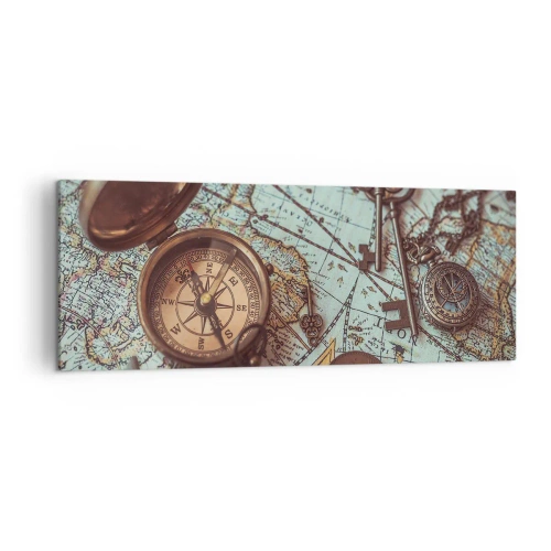 Impression sur toile - Image sur toile - Composition avec une boussole, des clés et une vieille carte dans un style rétro - 140x50cm - Pour ceux qui recherche l'aventure - Décoration murale moderne pour le salon et la chambre ARTTOR