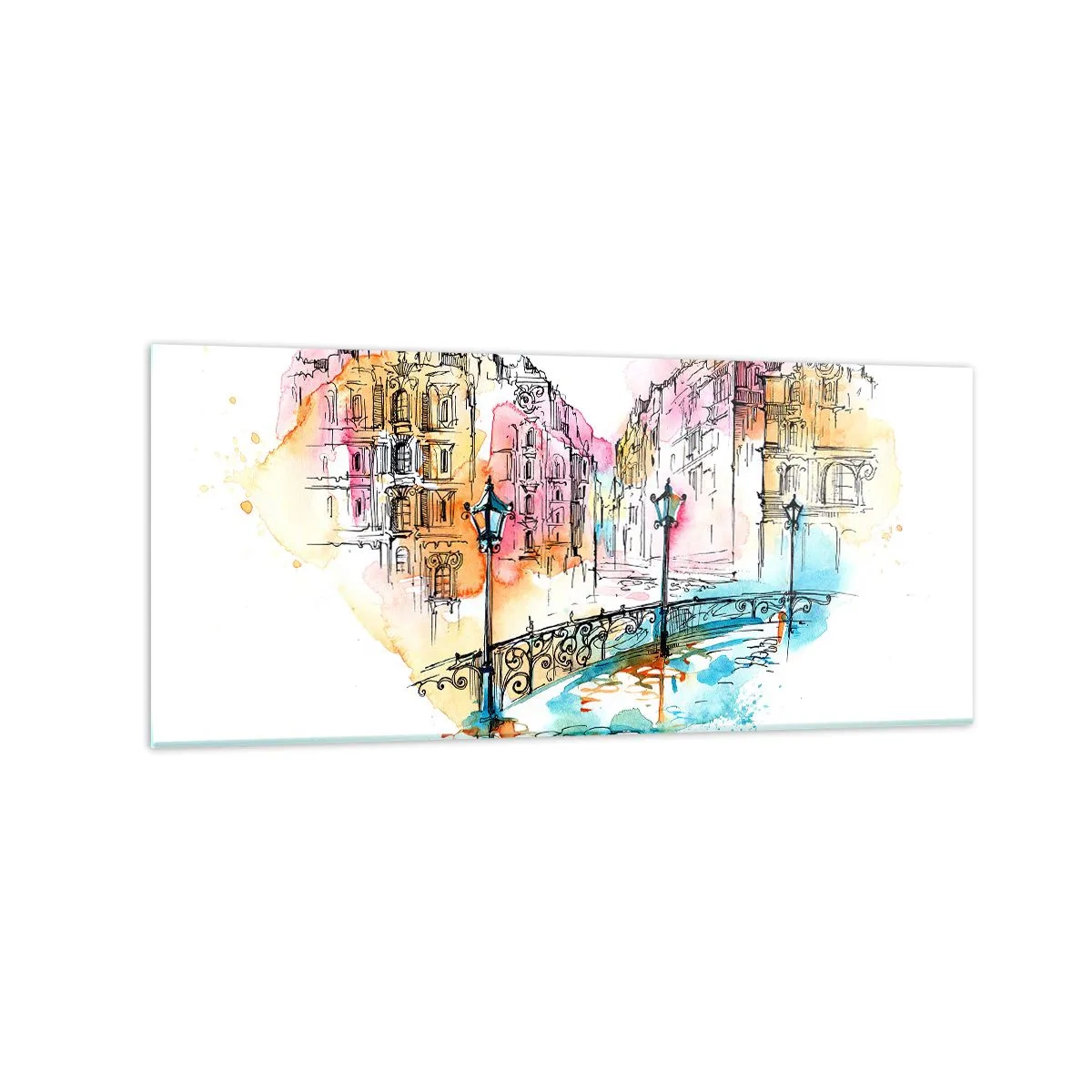 Impression sur verre - Image sur verre - Aquarelle d'un pont et de maisons en forme de cœur - 120x50cm - Le coeur de la ville - Décoration murale moderne pour le salon et la chambre ARTTOR