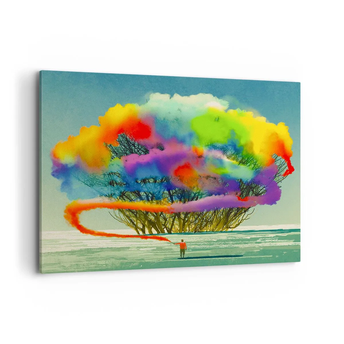 Impression sur toile - Image sur toile - Une silhouette avec de la fumée colorée à l'arrière-plan d'un arbre dans la nature - 120x80cm - Donner vie à ce monde - Décoration murale moderne pour le salon et la chambre ARTTOR