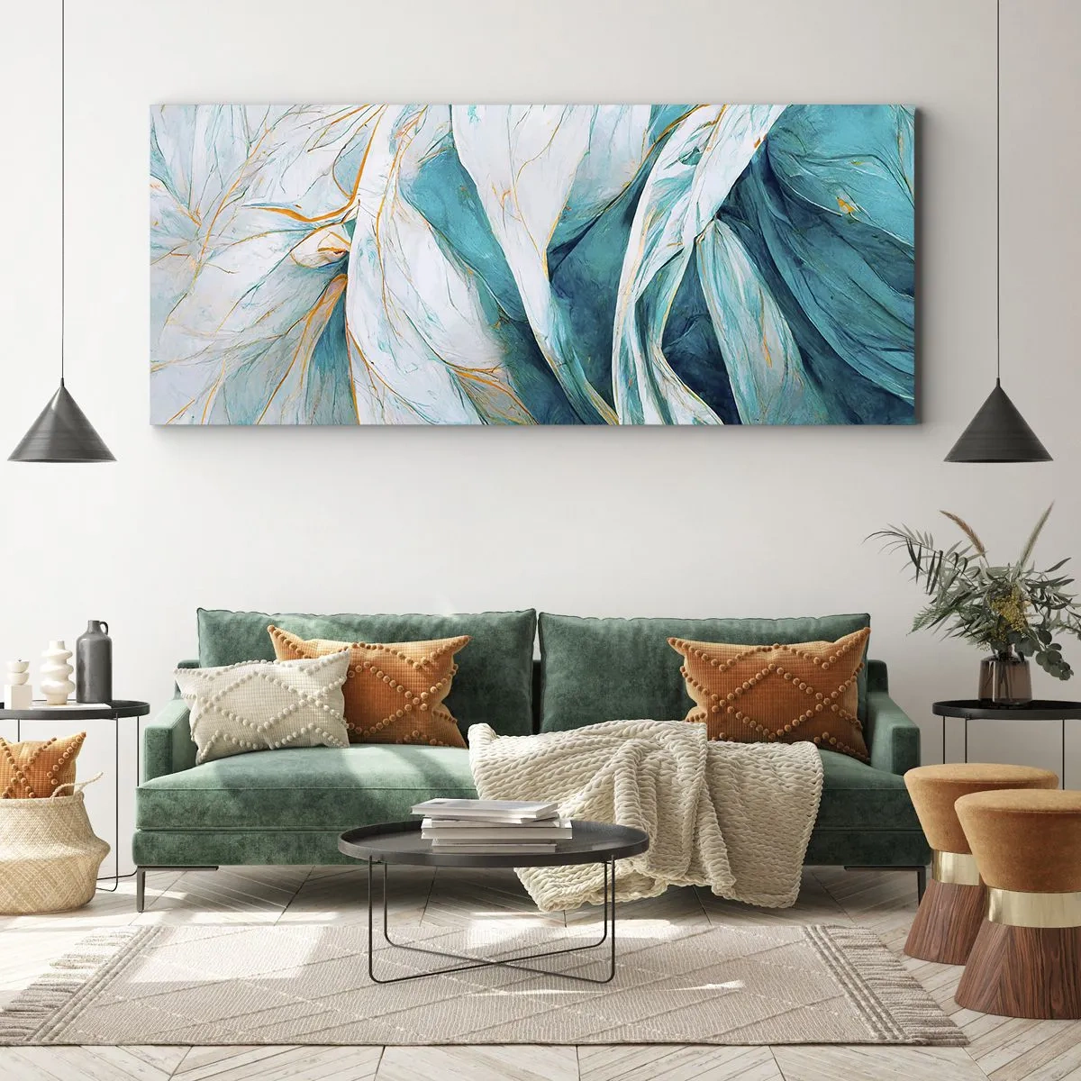 Impression sur toile - Image sur toile - Feuilles bleues abstraites avec des détails dorés - 140x50cm - Abstraction bleue avec un motif doré - Décoration murale moderne pour le salon et la chambre ARTTOR