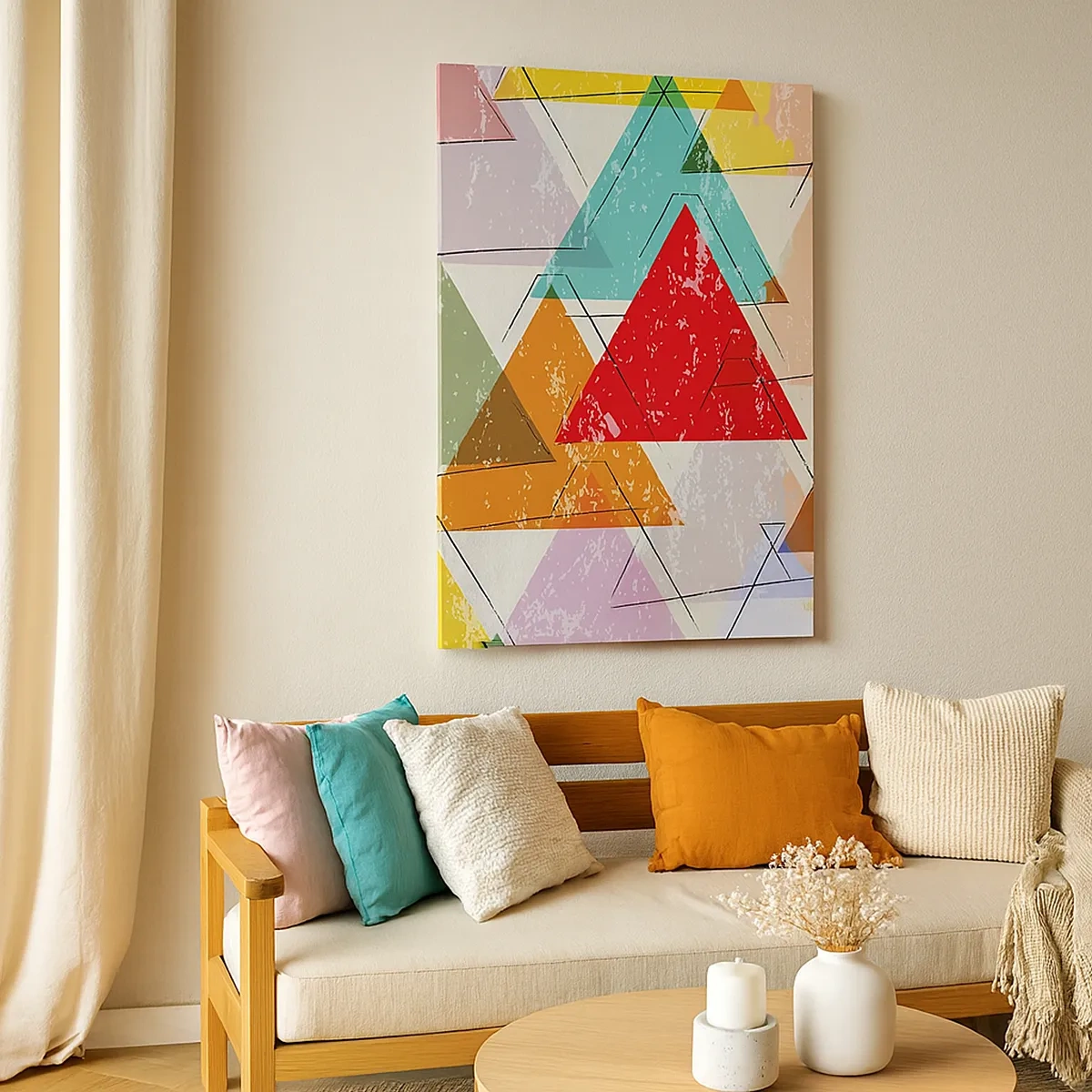 Impression sur toile - Image sur toile - Abstraction colorée avec des triangles géométriques - 50x70cm - Trois par trois - Décoration murale moderne pour le salon et la chambre ARTTOR