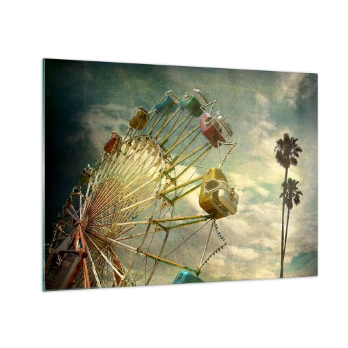 Impression sur verre - Image sur verre - Une grande roue contre le ciel et des palmiers dans un style rétro - 70x50cm - On va faire la fête - Décoration murale moderne pour le salon et la chambre ARTTOR