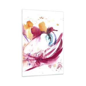 Impression sur verre - Image sur verre - Un visage abstrait avec des yeux expressifs et des accents rouges. - 70x100cm - Le monde prospère dans la proximité - Décoration murale moderne pour le salon et la chambre ARTTOR