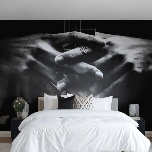 Papier Peint Photo Premium Canvas - Mains jointes sur une guitare dans un ton monochrome - 100x70cm - Prière d'artiste - Décoration murale moderne pour le salon et la chambre ARTTOR