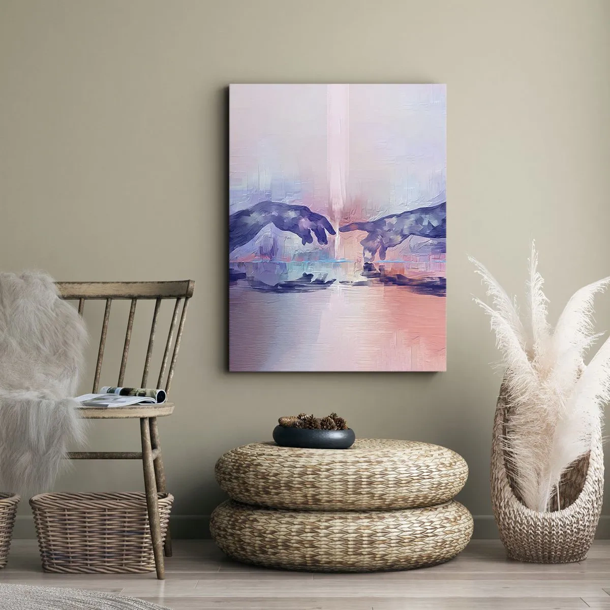 Impression sur toile - Image sur toile - Mains symboliques aux couleurs abstraites, faisant référence au thème de la création - 70x100cm - Divine étincelle de vie - Décoration murale moderne pour le salon et la chambre ARTTOR