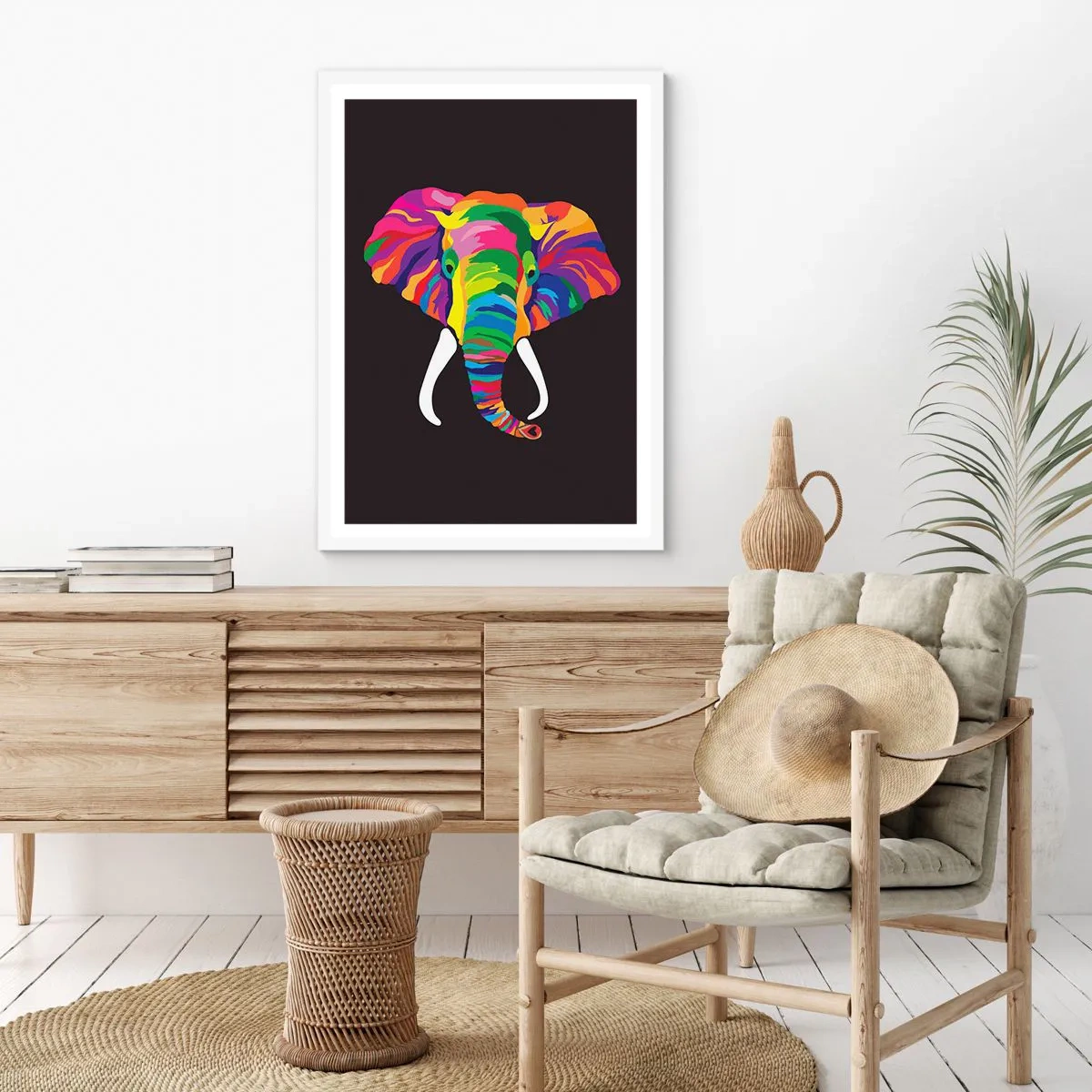 Affiche dans un cadre blanc - Poster - L'éléphant qui aimait se baigner dans un arc-en-ciel - 70x100 cm