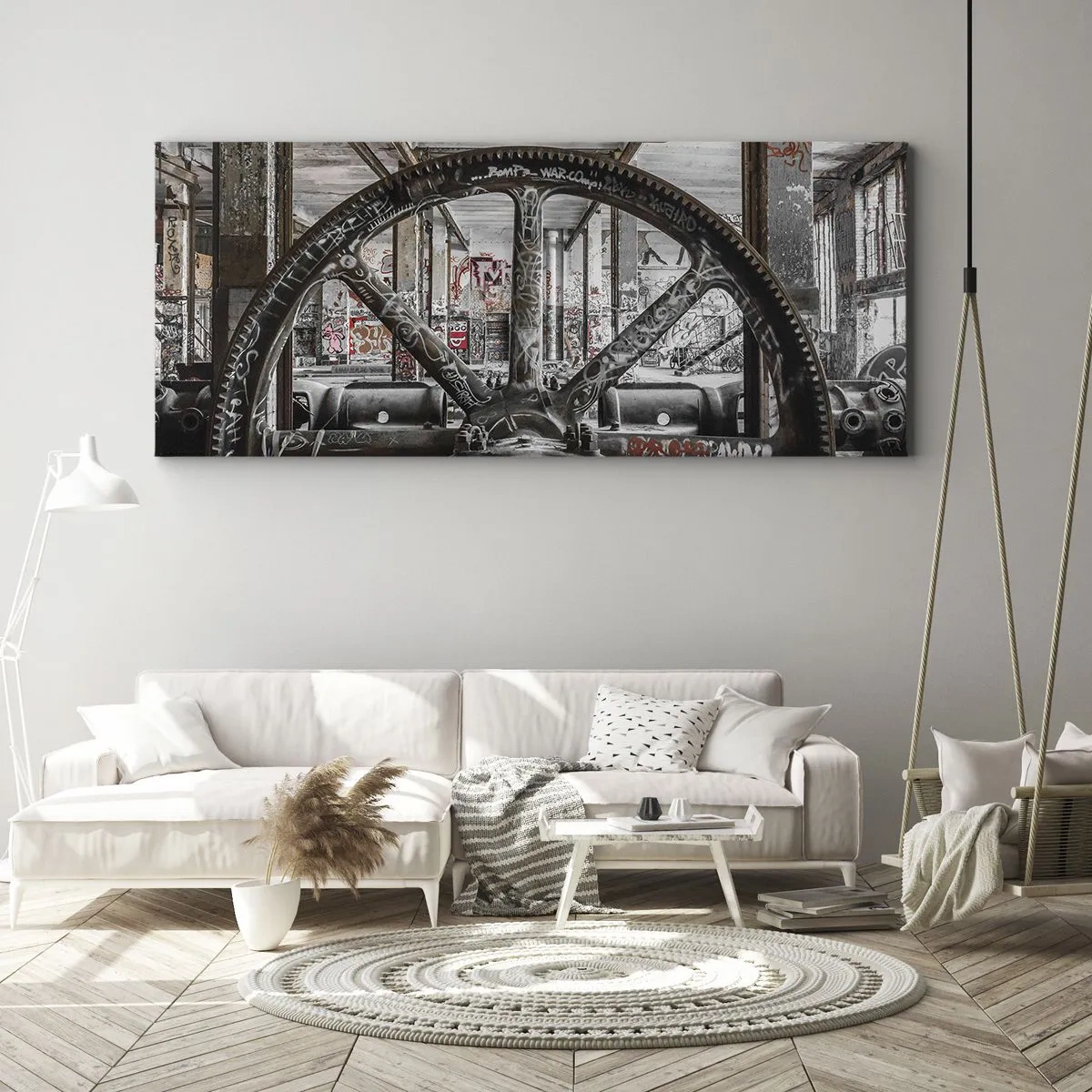 Impression sur toile - Image sur toile - Un vieux mécanisme dans un intérieur industriel abandonné - 160x50cm - Vie secrète d'une usine - Décoration murale moderne pour le salon et la chambre ARTTOR