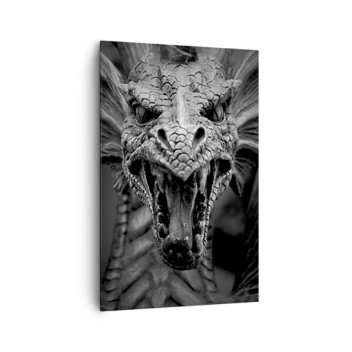 Impression sur toile - Image sur toile - Une tête de dragon menaçante en noir et blanc avec des détails expressifs. - 80x120cm - Un dragon imaginaire grisâtre - Décoration murale moderne pour le salon et la chambre ARTTOR
