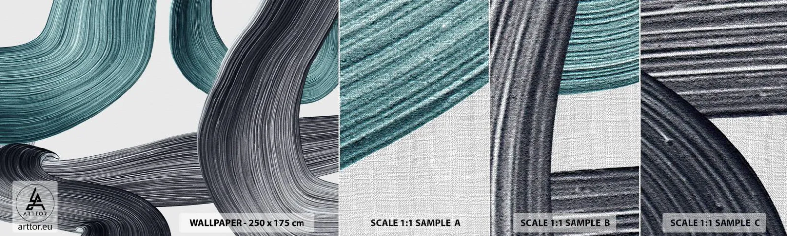 Échantillon de Papier Peint Premium Canvas - Sentiers émeraude et noirs - Peinture, Brosse, Minimalisme - 100x30 cm