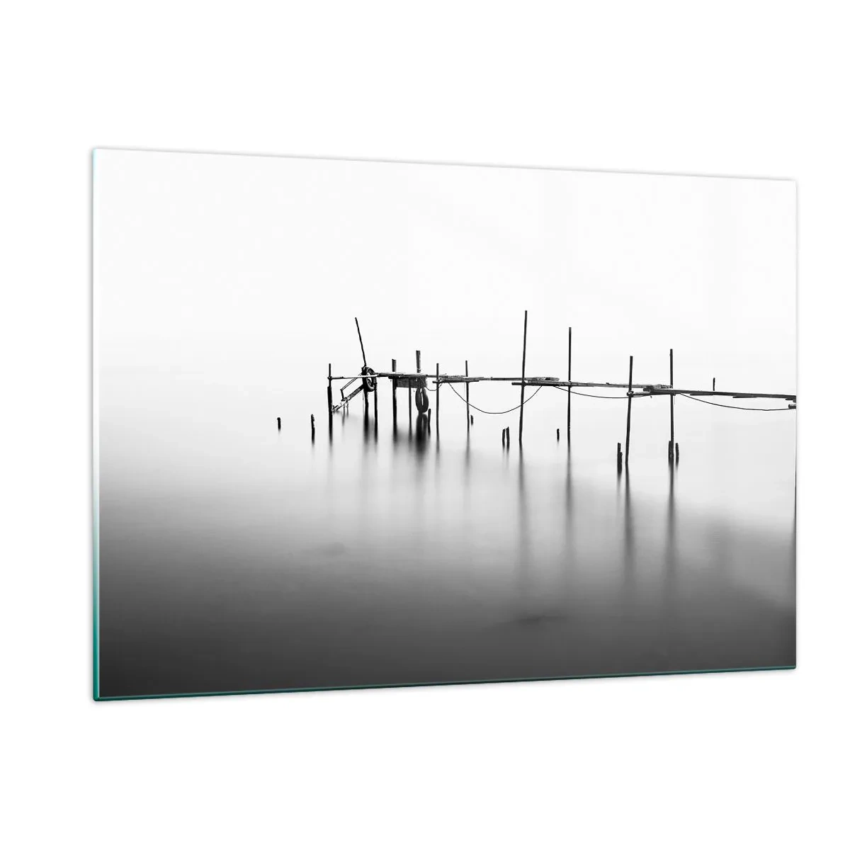 Impression sur verre - Image sur verre - Une jetée noire et blanche sur une surface d'eau calme - 120x80cm - Et s'il n'y avait pas de monde ? - Décoration murale moderne pour le salon et la chambre ARTTOR