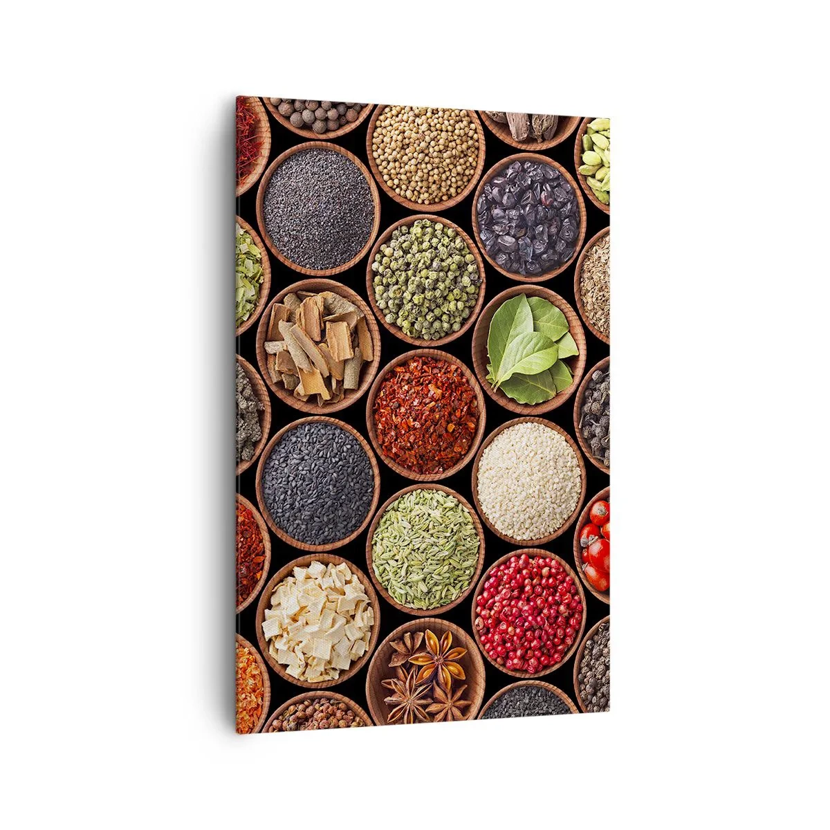 Impression sur toile - Image sur toile - Épices colorées dans des récipients ronds - 80x120cm - Toutes les saveurs du monde - Décoration murale moderne pour le salon et la chambre ARTTOR