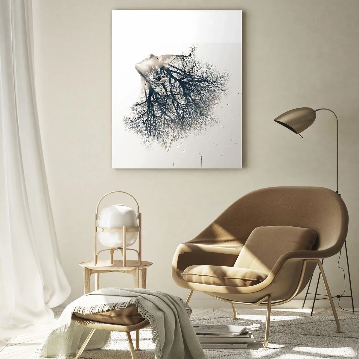 Impression sur verre - Image sur verre - Silhouette d'une femme avec des branches en guise de cheveux - 50x70cm - Écouter le murmure des arbres - Décoration murale moderne pour le salon et la chambre ARTTOR
